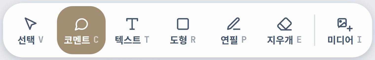 도구 줄 — 선택 V, 코멘트 C, 텍스트 T, 도형 R, 연필 P, 지우개 E, 미디어 I